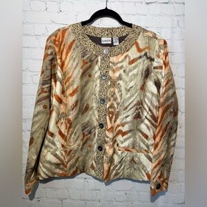CHICO’S size 2/12/Med multiple animal print jacket in tan, cream  & orange